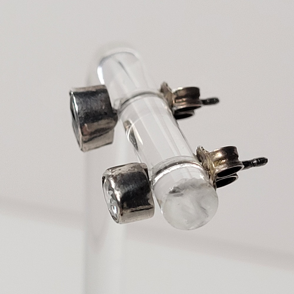 Sterling‎ Silver Clear Glass Bezel Stud Earrings Round Minimalist - Picture 7 of 10